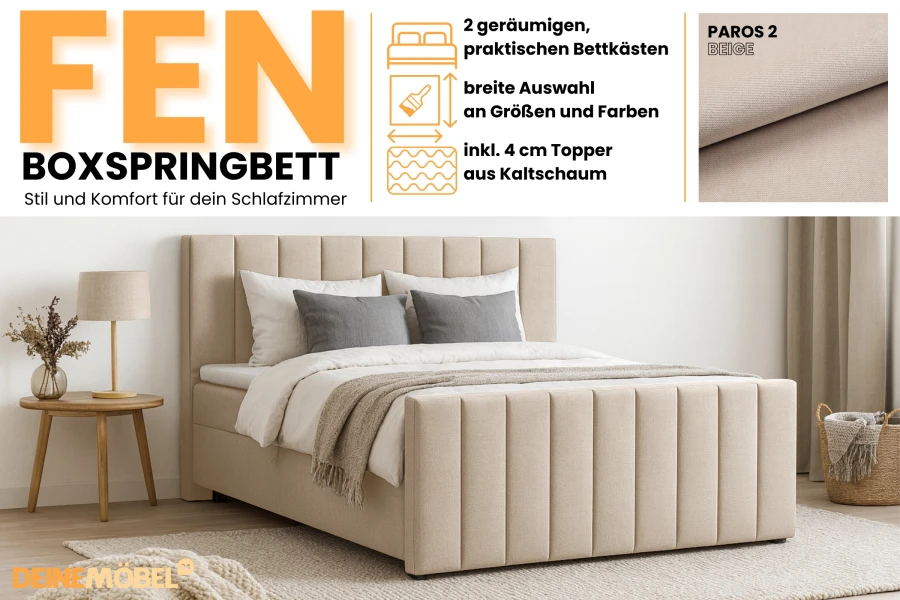 FEN Boxspringbett Übersicht mit Informationen zu Bettkästen, Topper und Stoff Paros 2 Beige.