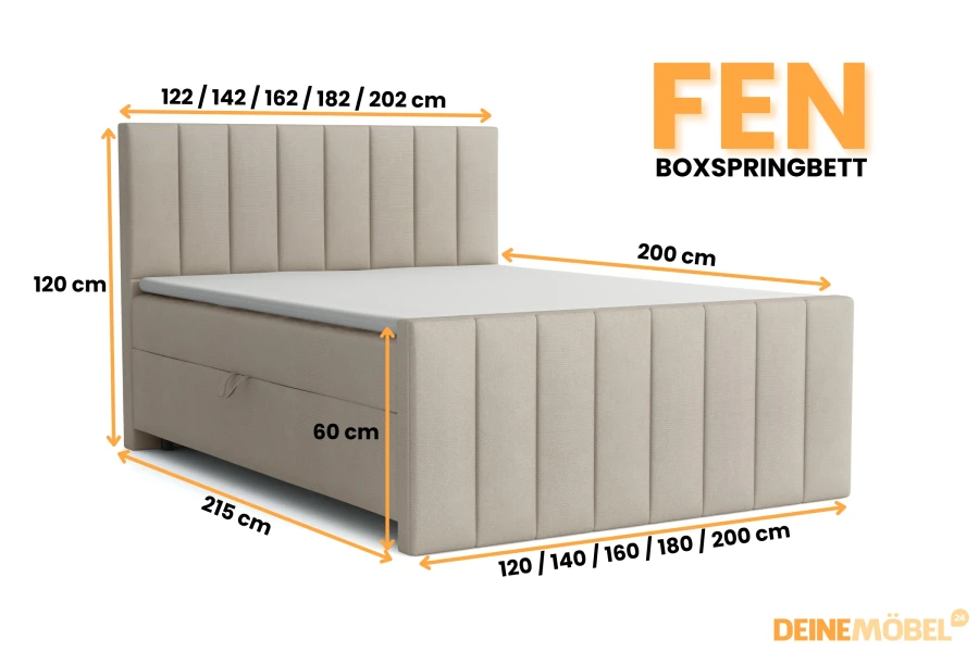 Boxspringbett FEN Maße: Beige Polsterbett mit technischen Angaben zu Breite und Höhe.