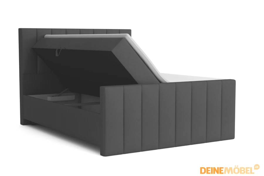 Graues Boxspringbett mit Stauraum: Ansicht des geöffneten Bettkastens für Bettzeug.
