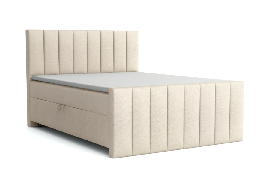 Beiges Boxspringbett FEN: Modernes Polsterbett mit vertikal gestepptem Kopfteil.