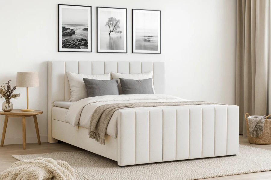 Modernes Schlafzimmer-Design mit beigem Boxspringbett FEN und passender Dekoration.