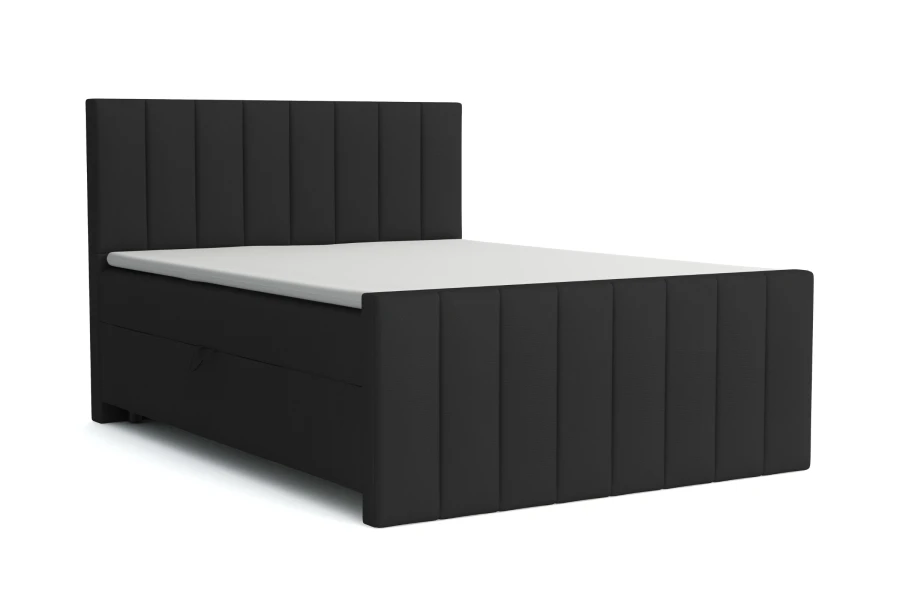 Modernes schwarzes Boxspringbett mit gestepptem Kopf- und Fußteil.