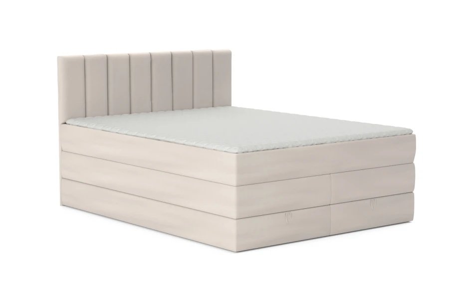 Boxspringbett Mexico in Beige mit elegantem, vertikal gestepptem Kopfteil.