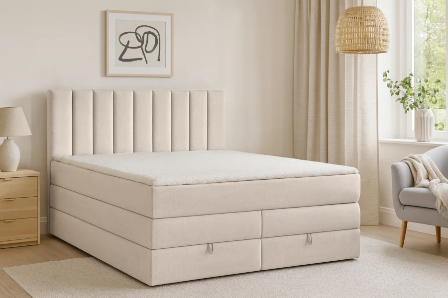 Modernes Boxspringbett Mexico in hellem Beige für ein gemütliches Schlafzimmer-Ambiente.