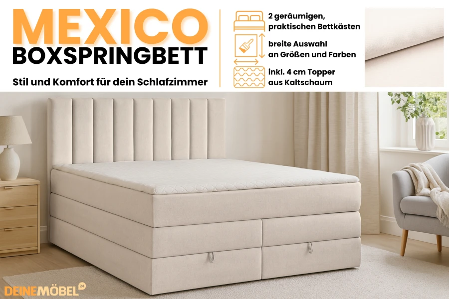 Modernes Boxspringbett MEXICO in Beige mit gepolstertem Kopfteil und praktischem Stauraum.