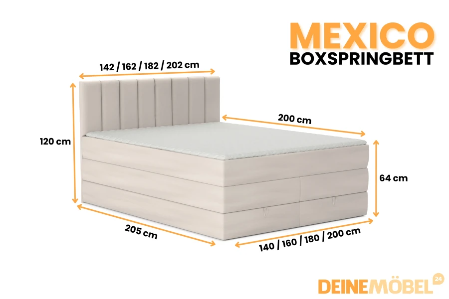 Maßangaben und Größen für das Boxspringbett MEXICO: Höhe, Breite und Tiefe im Überblick.