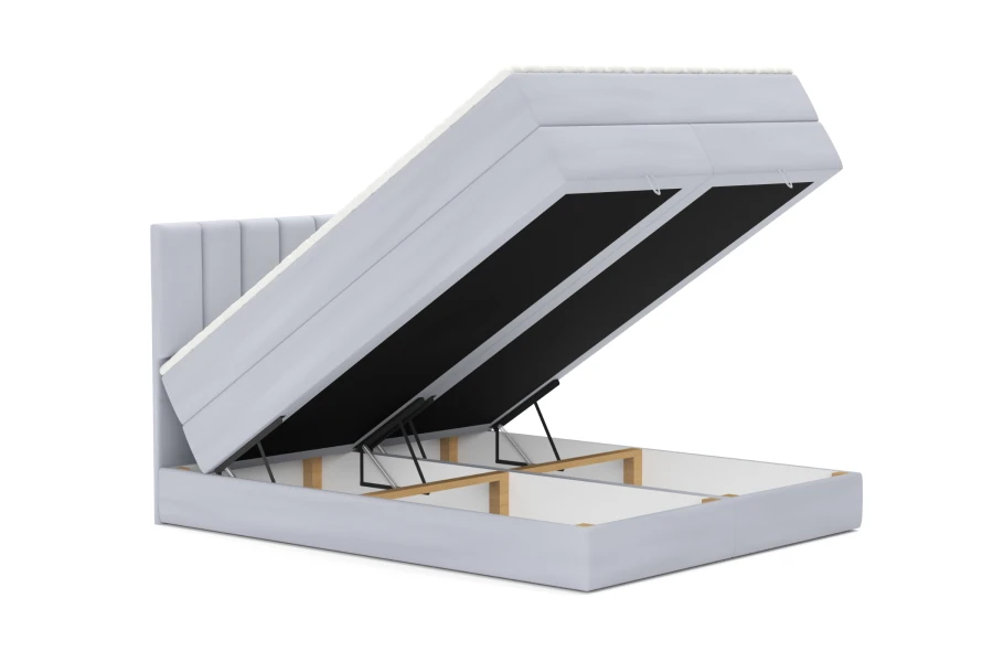 Boxspringbett mit Bettkasten: Seitlich aufklappbare Liegefläche bietet viel Stauraum.