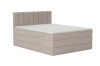 Beiges Boxspringbett mit Stauraum und gestepptem Kopfteil, freigestellt auf weiß.