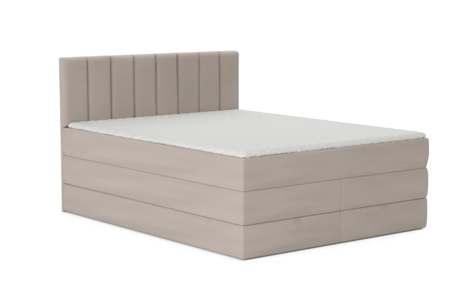 Beiges Boxspringbett mit Stauraum und gestepptem Kopfteil, freigestellt auf weiß.