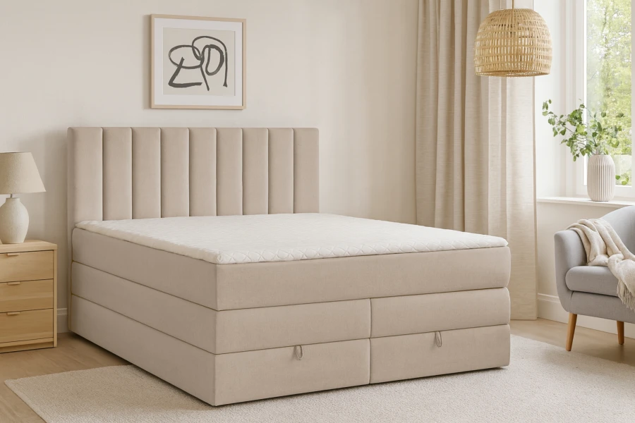 Modernes Boxspringbett in Beige im hellen Schlafzimmer-Ambiente mit Dekoration.