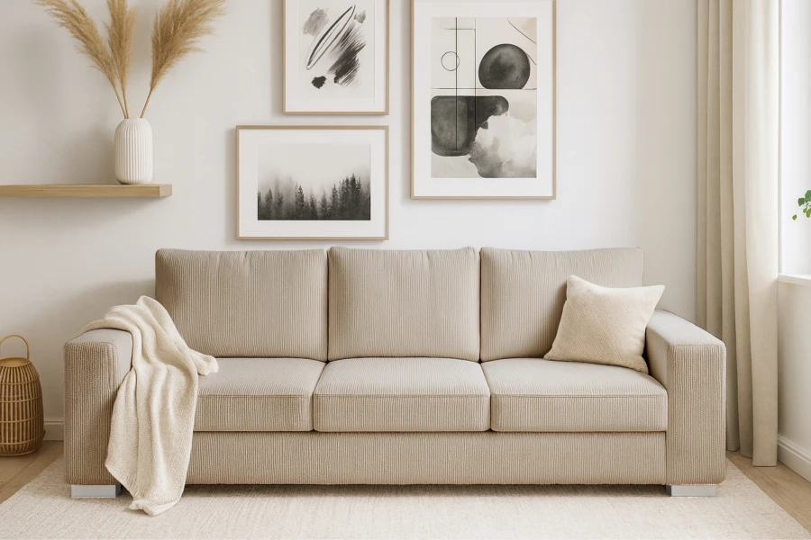 Beiges Cord-Sofa in einem modernen Wohnzimmer mit minimalistischer Dekoration.