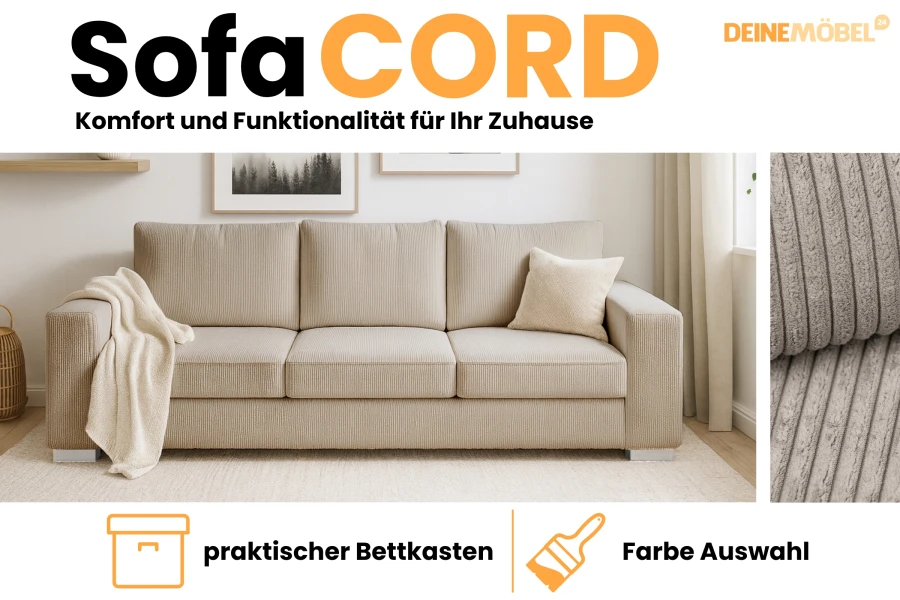 Produktpräsentation des Sofa CORD mit Details zu Bettkasten und Farbauswahl.