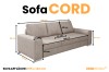 Maßangaben für Sofa CORD: Detailansicht der Abmessungen und der Schlaffläche.
