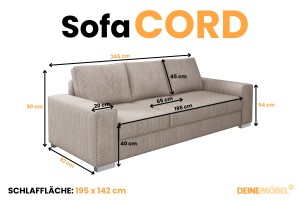 CORD Sofa mit Schlaffunktion Bettkasten 3 -Sitzer Poso-Stoff Cord-Sofa modernes Sofa Schlafsofa Couch Deine Möbel