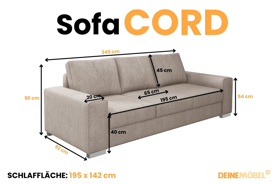 Maßangaben für Sofa CORD: Detailansicht der Abmessungen und der Schlaffläche.