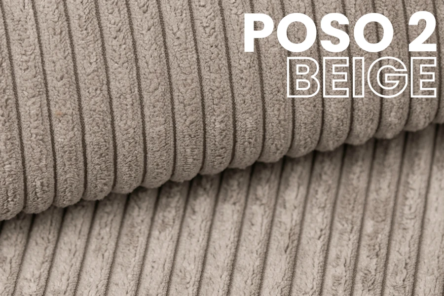 Nahaufnahme Poso 2 Cord-Stoff in Beige, hochwertiger Möbelbezugsstoff mit Rippenstruktur.