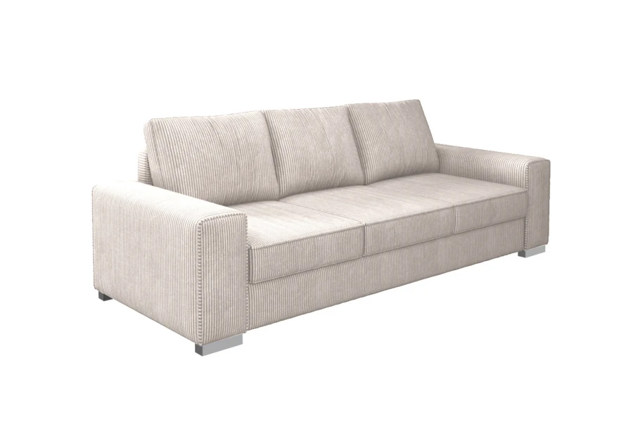 Modernes 3-Sitzer Sofa mit hellem Cord-Stoff und stabilen Metallfüßen auf weißem Hintergrund.