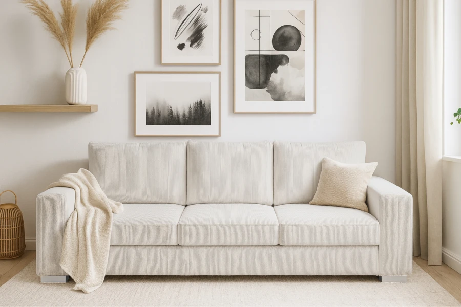 Stilvolles beiges Cordsofa in gemütlicher Wohnzimmer-Atmosphäre.