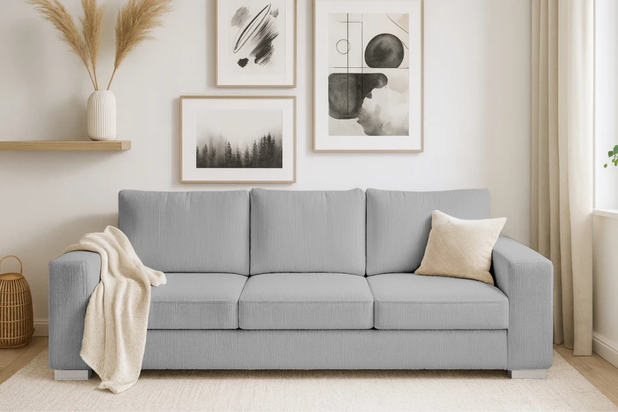 Modernes hellgraues Cord-Sofa im minimalistischen Wohnzimmer mit Wandbildern.