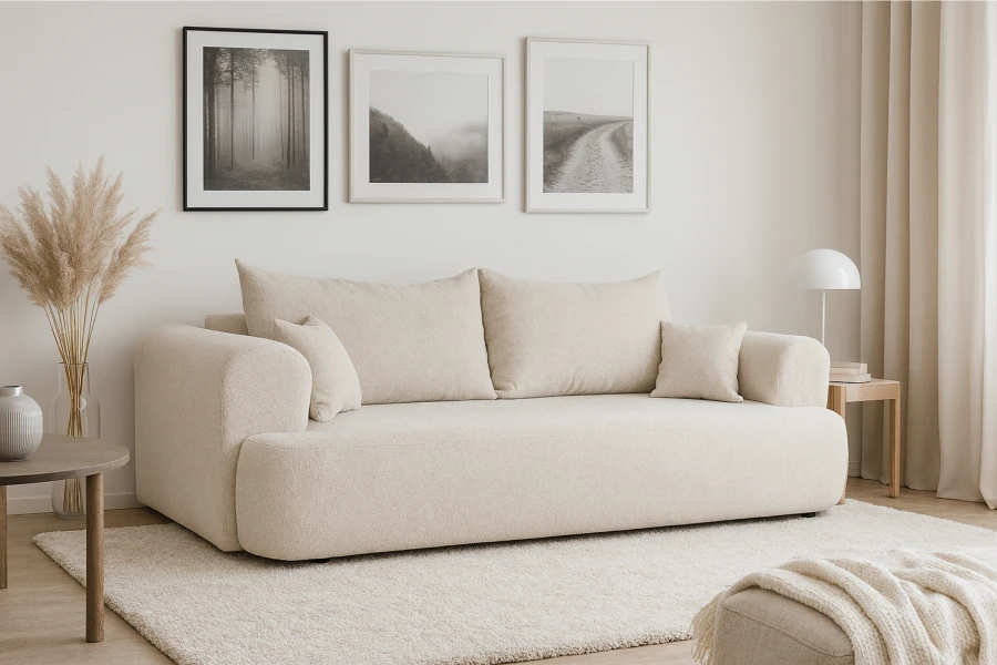 Minimalistisches beige Sofa in hellem Wohnzimmer mit Wandbildern und Pampasgras.