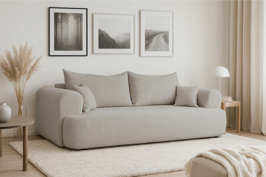 Modernes hellgraues Sofa in einem stilvoll eingerichteten Wohnzimmer mit sanften Erdtönen.