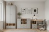 Modernes Jugendzimmer-Set in Grau und Holzoptik mit Kleiderschrank, Kommode und Schreibtisch.