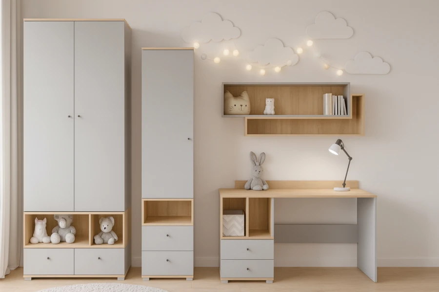 Modernes Kinderzimmer-Set mit grauem Kleiderschrank, Regal und Schreibtisch in Holzoptik.