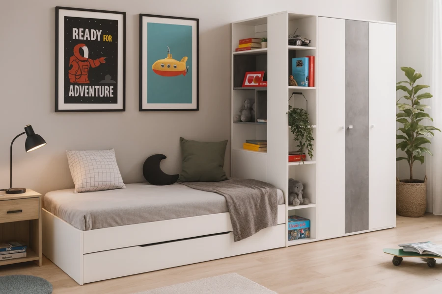 Weißes Funktionsbett im Jugendzimmer mit Kleiderschrank-Regal-Kombination und Weltraum-Deko.