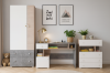Schreibtisch, Kommode und Kleiderschrank in Weiß-Grau für das Kinderzimmer.