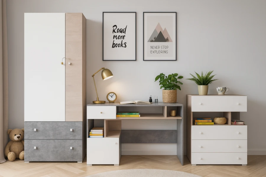 Schreibtisch, Kommode und Kleiderschrank in Weiß-Grau für das Kinderzimmer.