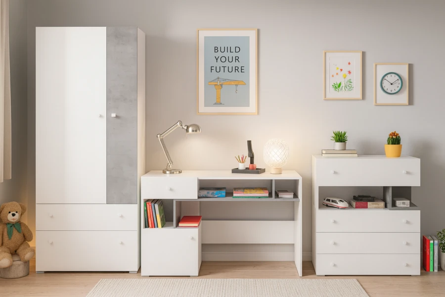 Komplette Kinderzimmereinrichtung mit Schreibtisch, Schrank und Kommode in hellem Design.