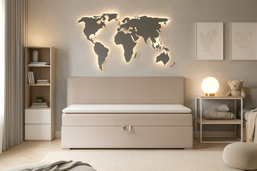 Beige gepolstertes Kinderbett mit beleuchteter Weltkarte als Wanddeko im Kinderzimmer.