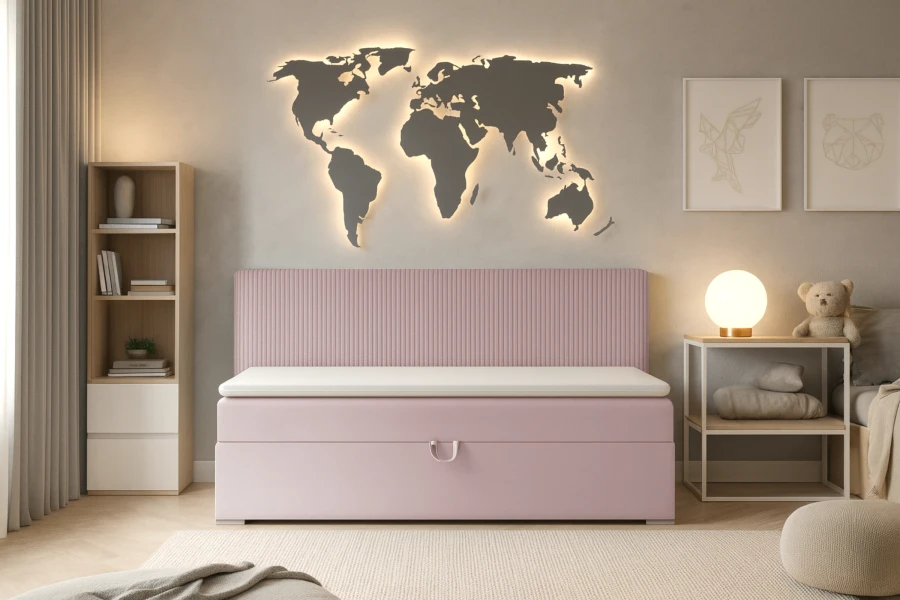 Modernes rosa Boxspringbett für Kinderzimmer mit beleuchteter Weltkarte.