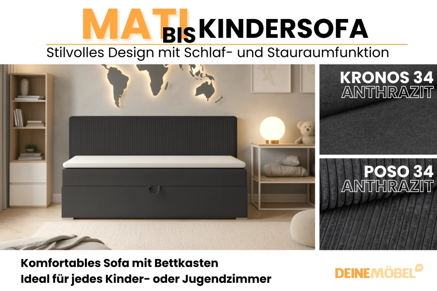 Antracietkleurige Matbis kinderbank met slaaffunctie en bedbak voor jeugdkamers.