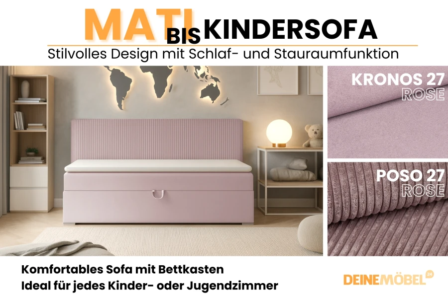 Roze Matbis kinderbank met beddenbak, slaapfunctie en verschillende stoffen.