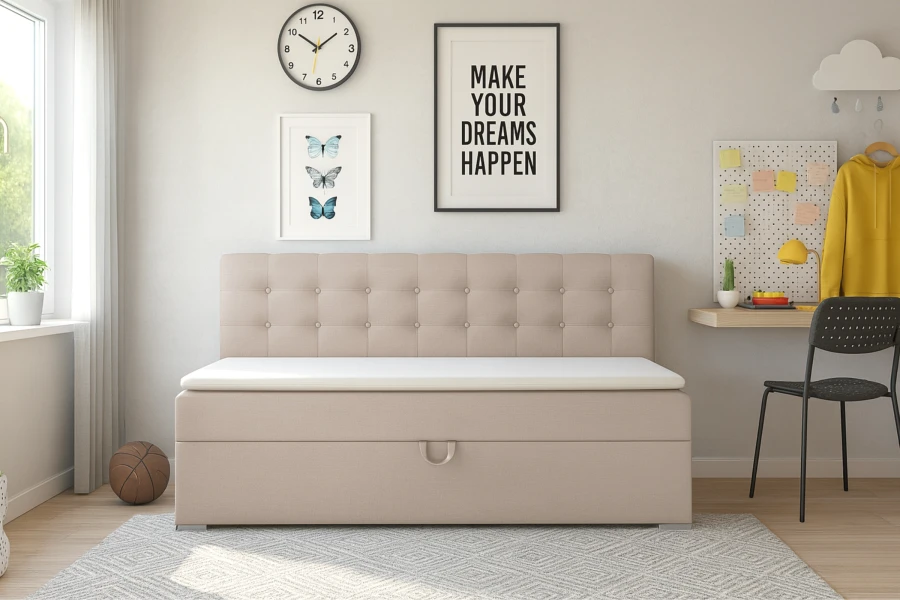Beiges Kindersofa mit Knopfheftung am Kopfteil in einem hellen Kinderzimmer mit Schreibtisch.