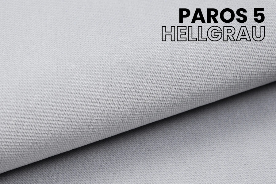 Detailansicht des hellgrauen Möbelstoffs Paros 5 – hochwertige Textur für Polstermöbel.