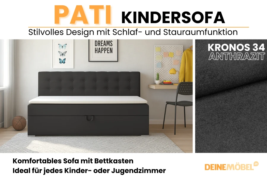 Pati Kindersofa Anthrazit: Stilvolles Design mit Schlaf- und Stauraumfunktion.