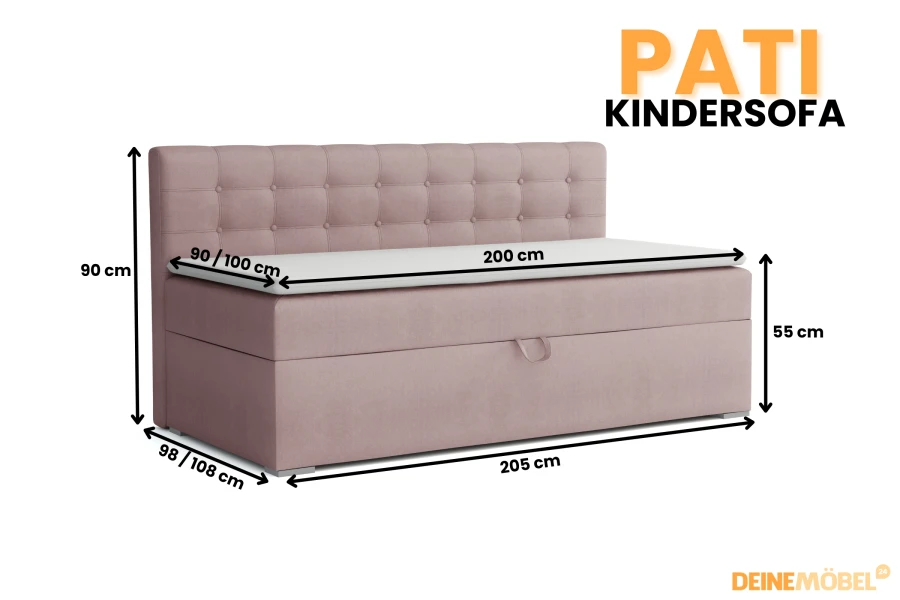 Maatschets voor de Pati kinderbank in het roze met gedetailleerde afmetingen.