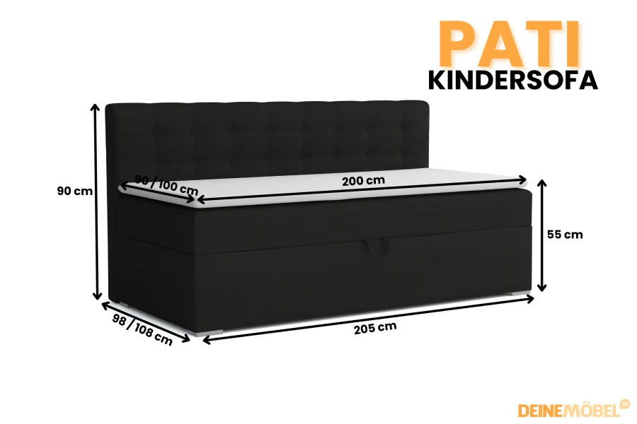 Afmetingen voor de Pati kindersofa in zwart: 205 cm totale lengte.