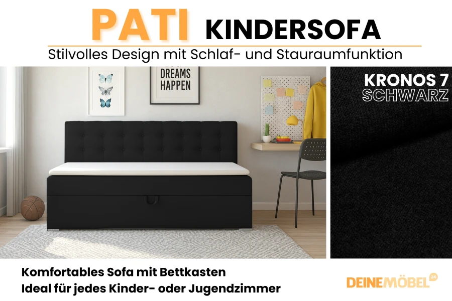 Pati kindersofa in zwart met opbergruimte en slaapfunctie – ideaal voor de kinderkamer.