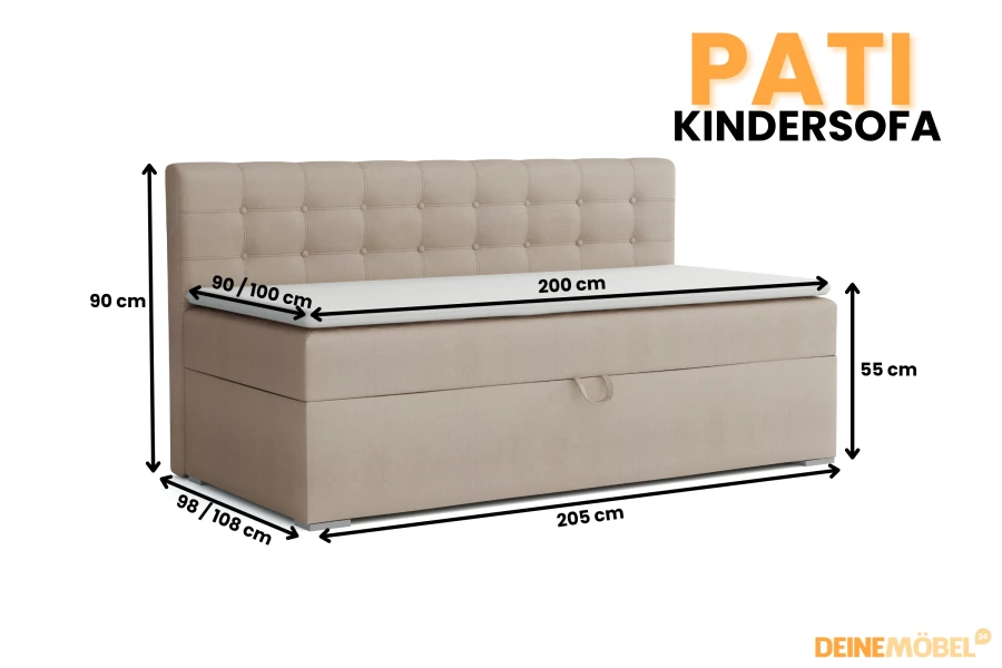 Gedetailleerde afmetingen van de Pati kinderbank: 205x90 cm met uittrekbaar ligoppervlak en bedbak.