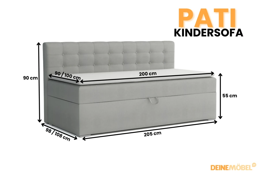 Dimensions of the Pati children's sofa in grey with detailed measurements for children's rooms.