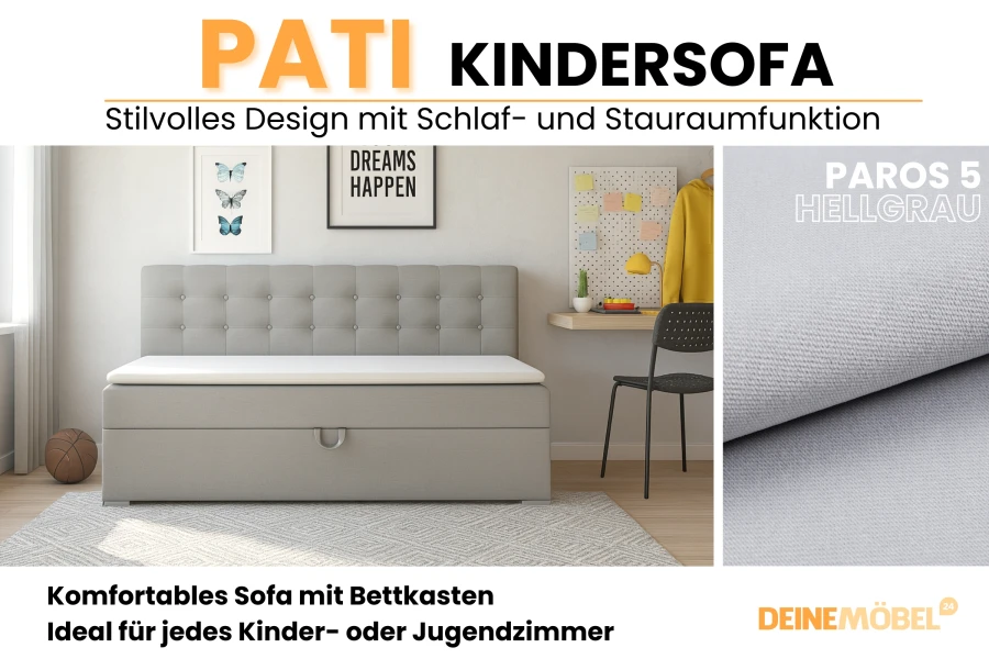 PATI children's sofa in light grey with sleeping and storage function for the children's room.