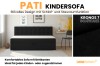 Product overview: Pati children's sofa in black with bed base function and fabric details.