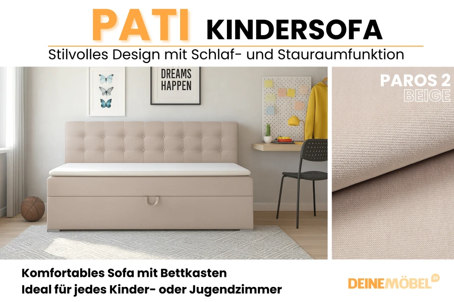 Pati kindersofa in Paros 2 beige: details over stof en design voor de kinderkamer.