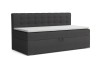 Donkergrijze bedbank met opbergfunctie en elegant gecapitonneerde rugleuning.