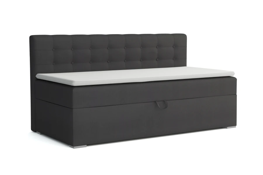 Donkergrijze bedbank met opbergfunctie en elegant gecapitonneerde rugleuning.