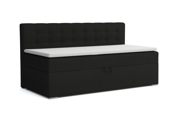 Zwarte bedbank met praktische bedbak en modern gecapitonneerd hoofdbord.