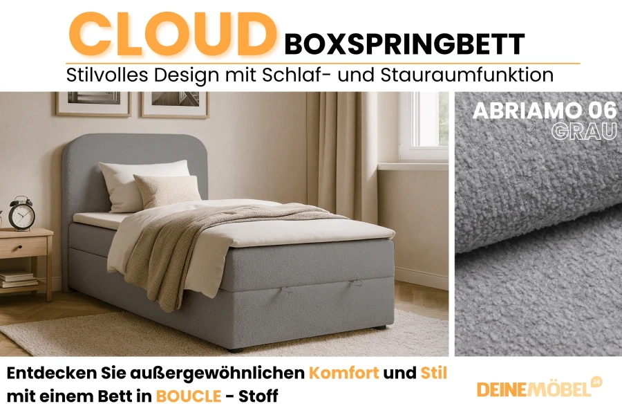 Cloud boxspringbed in het grijs met detailweergave van de hoogwaardige Abriamo bouclé-stof.
